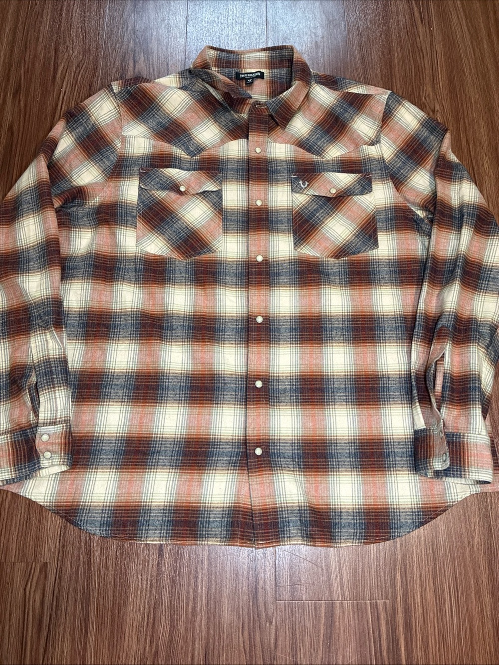 True Religion Brown Plaid Flannel Western Shirt Snap Pockets 3XL